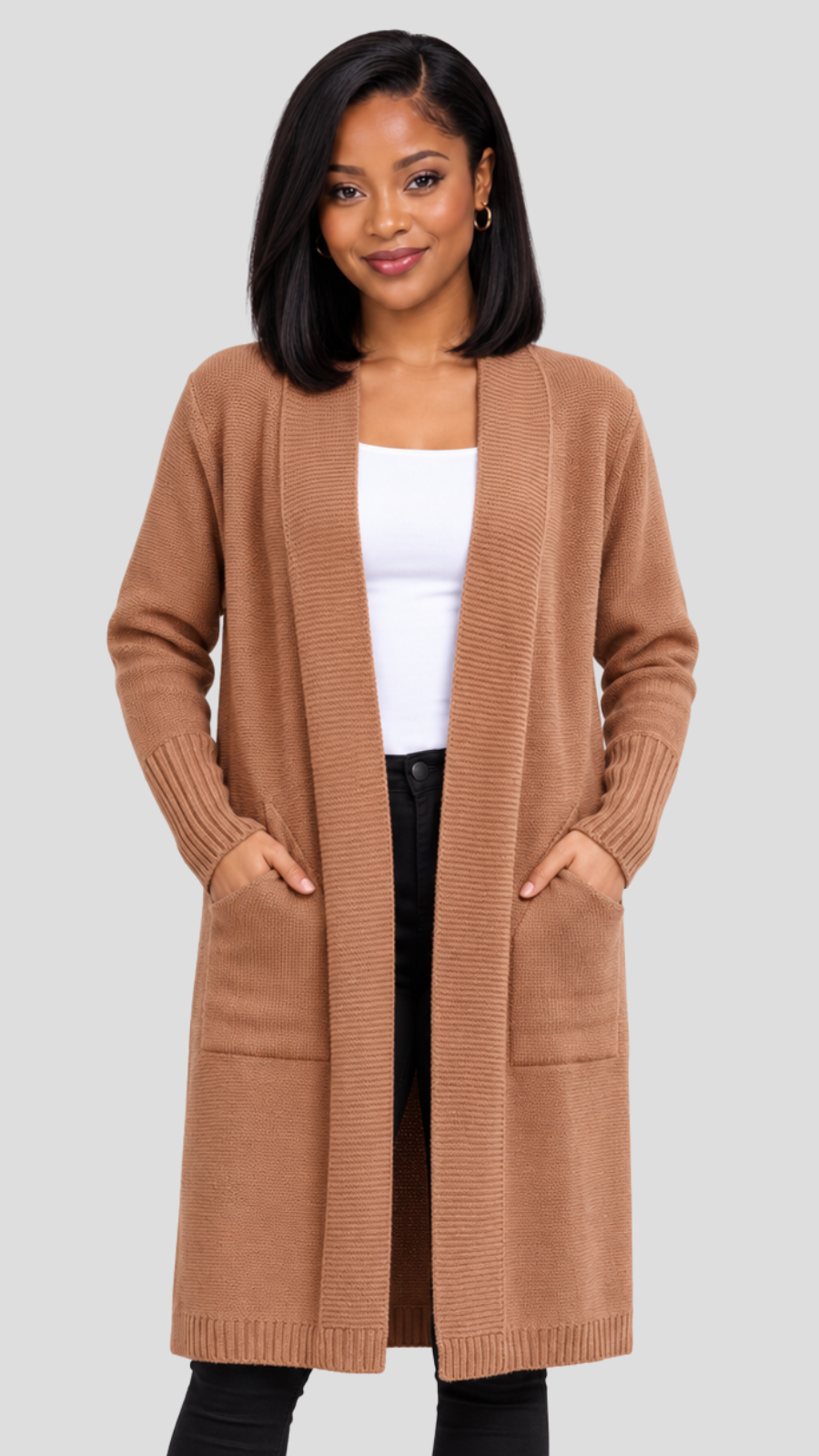 The Fashion Frenzy Lora Longline Waterfall  Cardigan - Brown