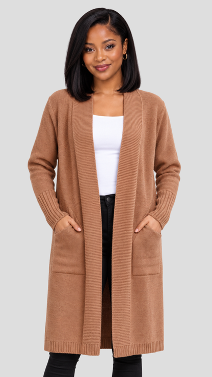 The Fashion Frenzy Lora Longline Waterfall  Cardigan - Brown