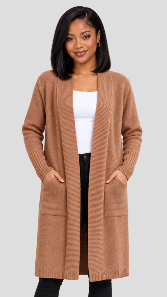 The Fashion Frenzy Lora Longline Waterfall  Cardigan - Brown