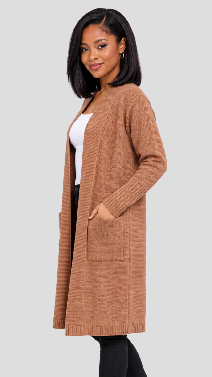 The Fashion Frenzy Lora Longline Waterfall  Cardigan - Brown