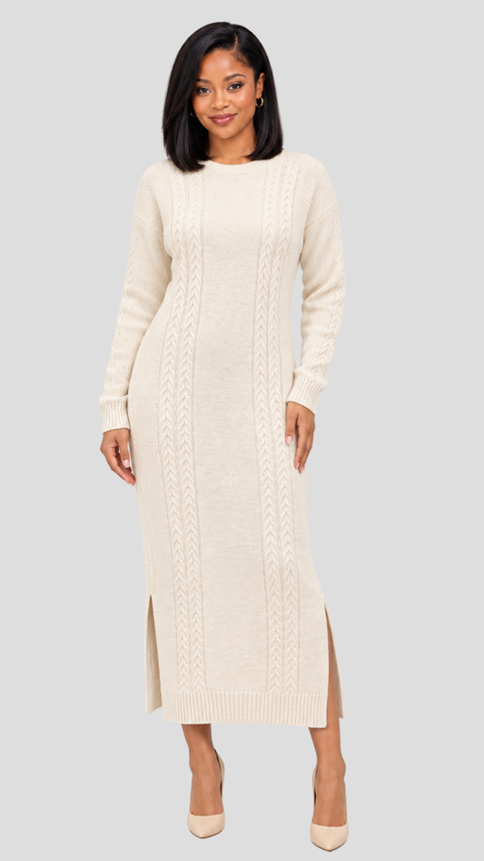 The Fashion Frenzy Cable Knit Sweater Midi Dress - Cream