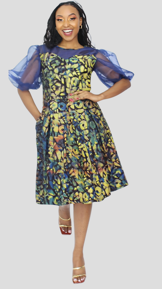 The Fashion Frenzy Curvy Plus Size Neema Puff Sleeve Dress - Blue Print