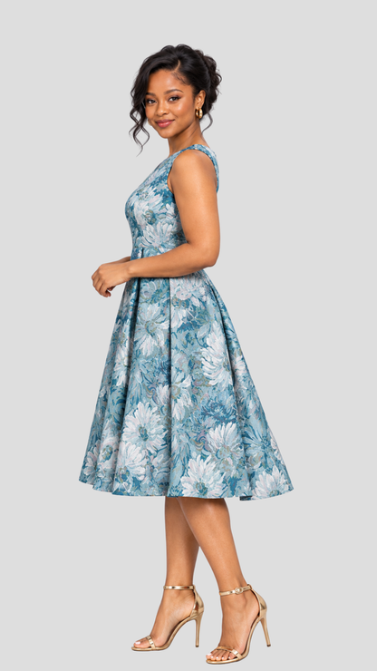 The Fashion Frenzy Florence Bloom Skater Dress - Blue