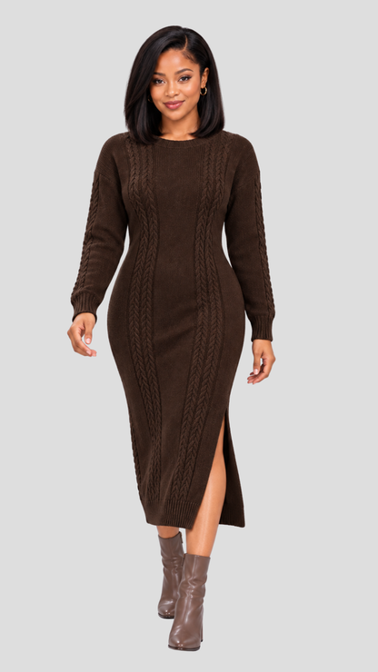 The Fashion Frenzy Cable Knit Sweater Midi Dress - Brown