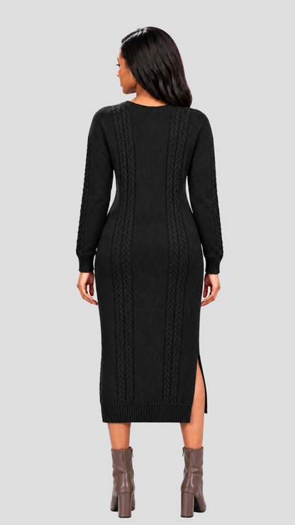 The Fashion Frenzy Cable Knit Sweater Midi Dress - Black