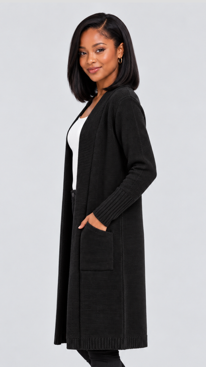 The Fashion Frenzy Lora Longline Waterfall  Cardigan - Black